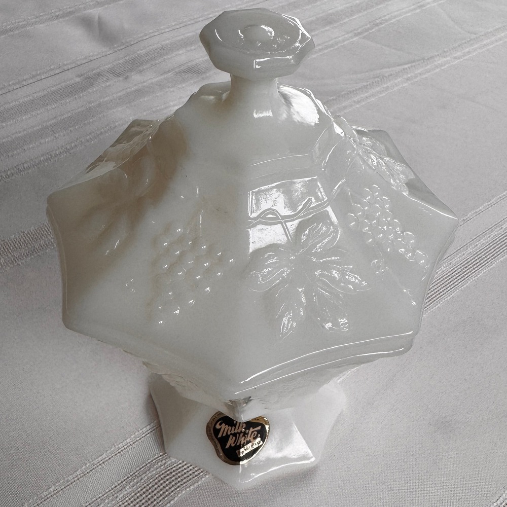 Anchor Hocking Milk White Glass dish with lid Foil Sticker Grape Pattern Hexagon